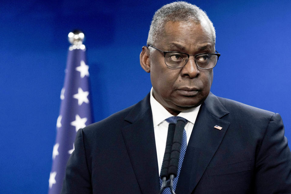 Secretary of Defense Lloyd Austin makes a joint statement with Israel Minister of Defense Yoav Gallant, after their meeting about Israel's military operation in Gaza, in Tel Aviv, Israel, Dec. 18, 2023. (Maya Alleruzzo/AP)