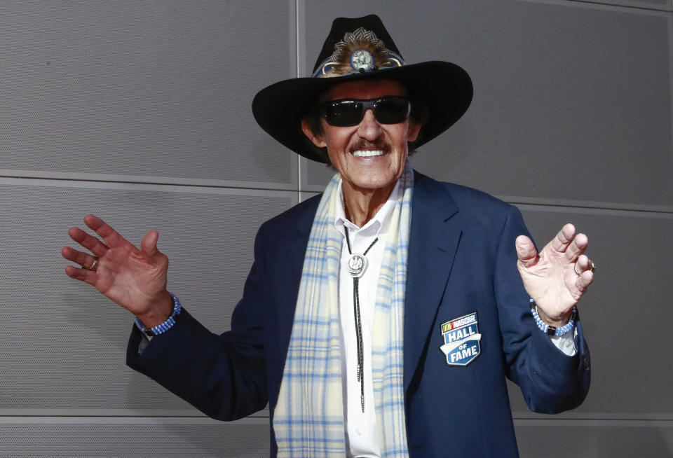 NASCAR great Richard Petty arrives for the NASCAR Hall of Fame induction ceremony Friday, Feb. 1, 2019, in Charlotte, N.C. (AP Photo/Jason E. Miczek)