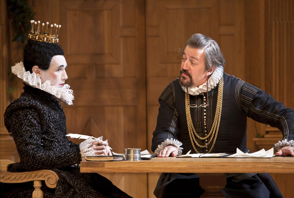 In this image provided Monday Nov. 19, 2012 by Sonia Friedman Productions, Mark Rylance, as the character Olivia, left, and Stephen Fry, as the character Malvolio, during a dress rehearsal in "Twelfth Night" at a London theatre, Nov. 1, 2012. Mark Rylance's latest London performances are hot tickets, and not just because he is one of Britain's leading Shakespearean actors. It's a chance to see him in two wildly contrasting roles, the scheming usurper dispatching everyone who stands between him and the throne in "Richard III," and the aloof countess Olivia, blindsided by love, in the boisterous comedy "Twelfth Night." (AP Photo/Simon Annand, Sonia Friedman Productions)