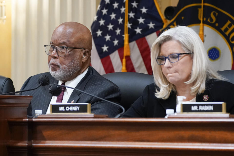 FILE - Chairman Bennie Thompson, D-Miss., and Vice Chair Liz Cheney, R-Wyo., listen as the House select committee investigating the Jan. 6 attack on the U.S. Capitol holds a hearing at the Capitol in Washington, July 12, 2022. The Jan. 6 congressional hearings have paused, at least for now, and Washington is taking stock of what was learned about the actions of Donald Trump and associates surrounding the Capitol attack. (AP Photo/J. Scott Applewhite, File)