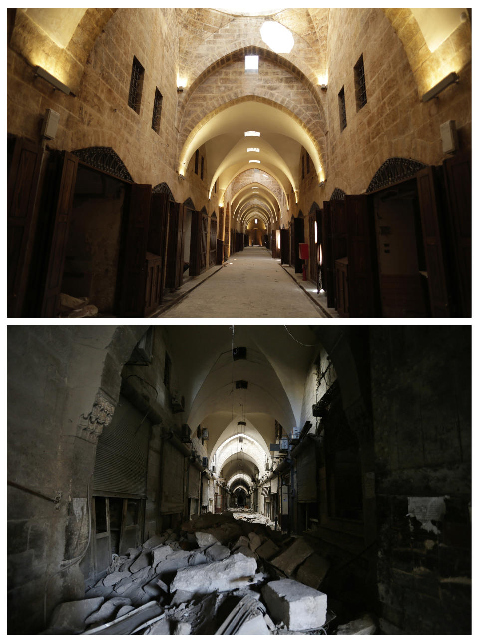 This combo of two photographs shows a Saturday, Jan. 21, 2017 photo, bottom, shows the debris of al-Saqatiyah Market, and the same market after has been newly renovated on July 27, 2019, in the old city of Aleppo, Syria. Much of Aleppo's centuries-old covered market is still in ruins but slowly small parts of it have been renovated where business is slowly coming back to normal nearly three years after major battles in Syria's largest city and once commercial center came to an end. (AP Photo/Hassan Ammar)