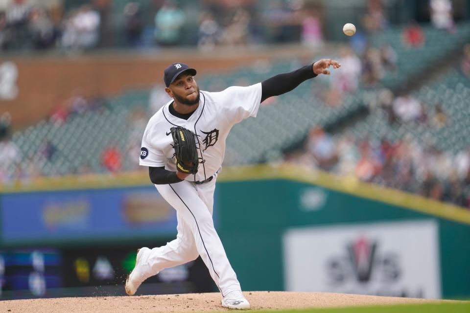 Detroit Tigers pitcher Eduardo Rodriguez throws against the Los Angeles Angels in the first inning of a baseball game in Detroit, Sunday, Aug.  21, 2022.