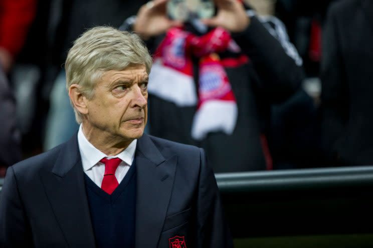 Arsene Wenger during the UEFA Champions League Round of 16 first leg match between Bayern Munich and Arsenal at Allianz Arena. (Photo by Marc Mueller/Bongarts/Getty Images)