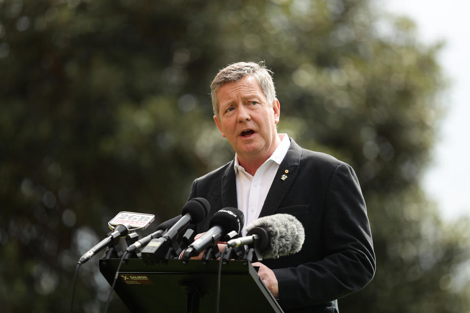 Australian Olympic Committee CEO Matt Carroll speaks to the media during a press conference at the MCA on March 25, 2020 in Sydney, Australia. (Photo by Mark Metcalfe/Getty Images)