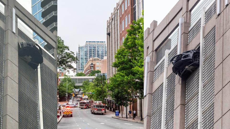 Camaro ZL1 Crashes Through Parking Structure Wall