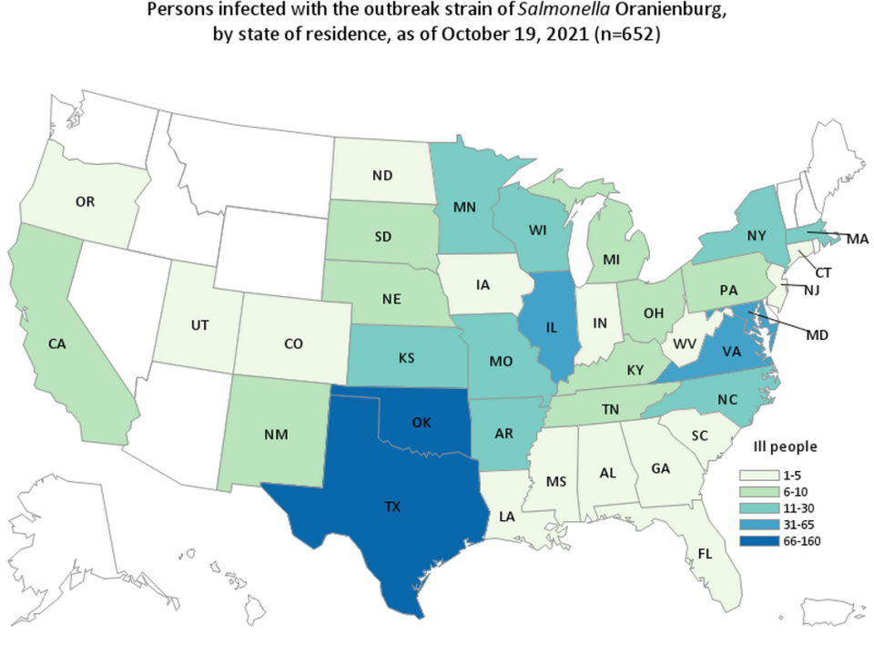 The onion salmonella case outbreak map provided by the CDC as of Oct. 19, 2021, lists how many cases are affecting people in the United States. Florida, as of this date, was in the one to five people range.