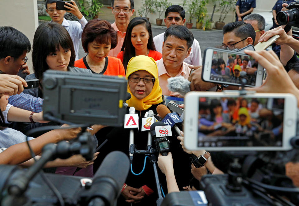 Halimah Yacob, speaks to the media at the Elections Department&nbsp;in Singapore September 11, 2017.&nbsp; (Photo: Edgar Su / Reuters)