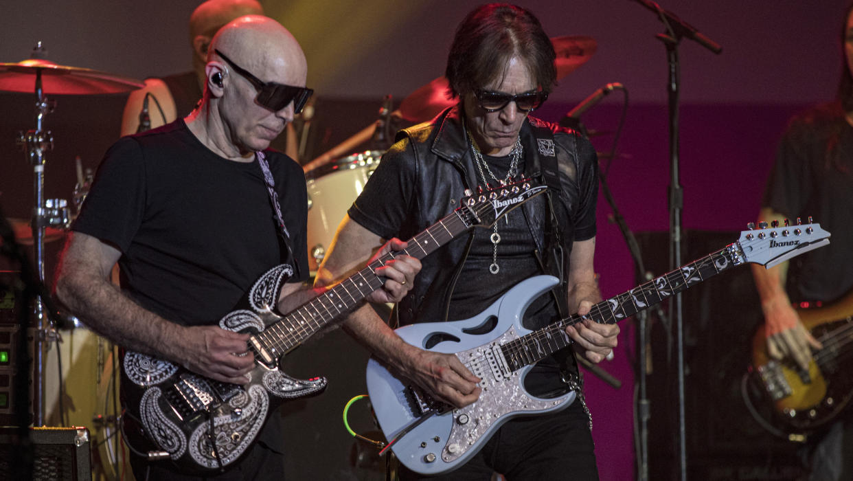  Joe Satriani (left) and Steve Vai perform onstage at The Magnolia in El Cajon, California on February 7, 2024. 