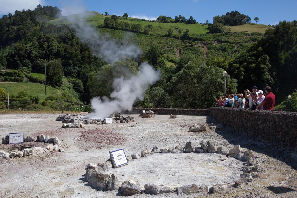Tourists check out Caldeiras das Furnas, in the village of Furnas , on the island of St. Michael, Azores.