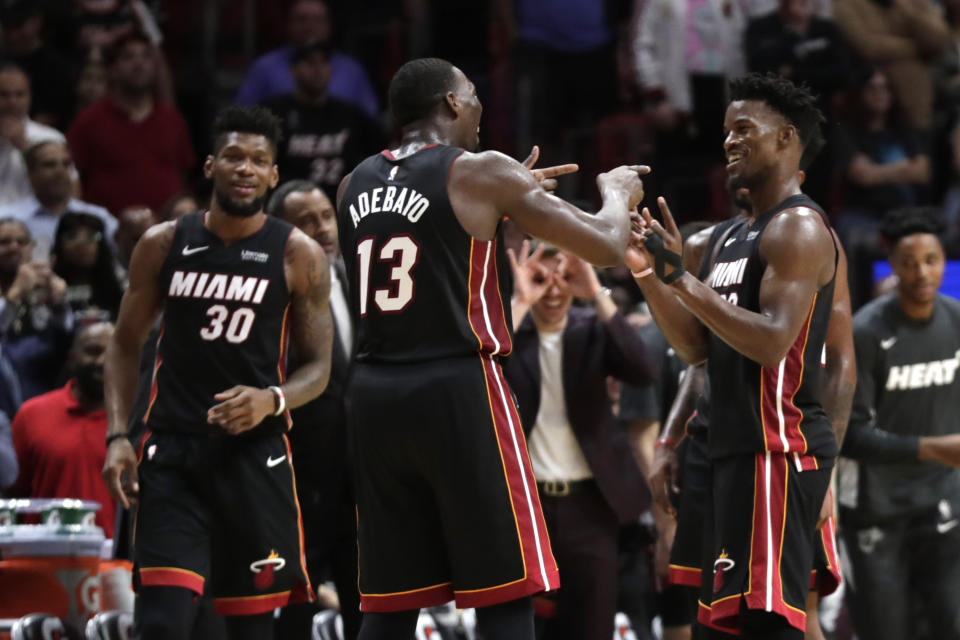 Bam Adebayo（13號）與Jimmy Butler（圖右）。(AP Photo/Lynne Sladky)