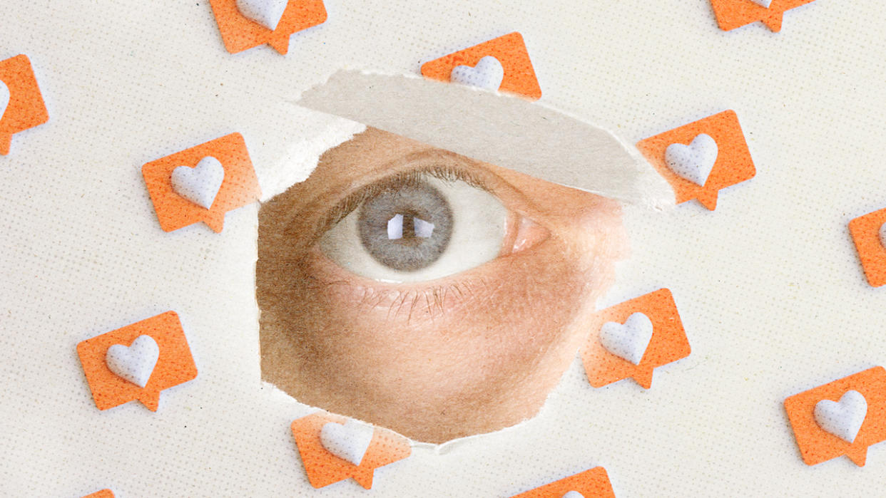 someones eye peeking through ripped orange wallpaper with notifications on it