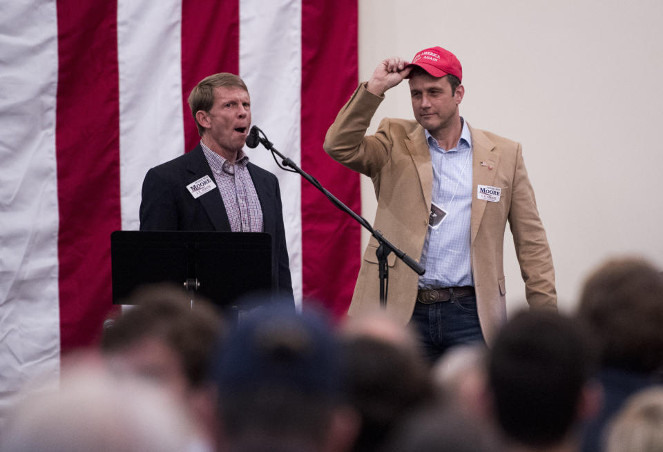 Paul Nehlen, right, is introduced&nbsp;at a&nbsp;"Drain the Swamp" Roy Moore campaign event in Midland City, Alabama, on Monday. (Photo: Bill Clark via Getty Images)