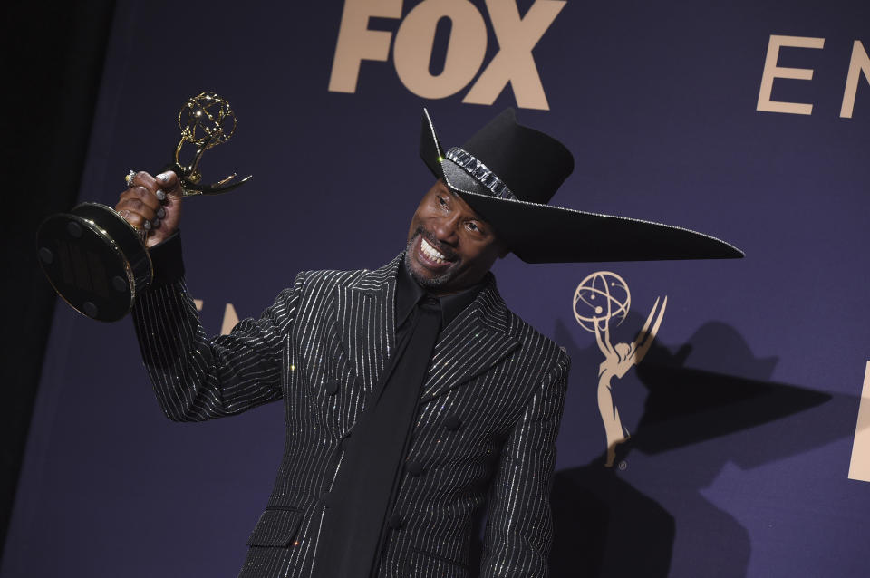 Billy Porter, winner of the award for outstanding lead actor in a drama series for "Pose," poses in the press room at the 71st Primetime Emmy Awards on Sunday, Sept. 22, 2019, at the Microsoft Theater in Los Angeles. (Photo by Jordan Strauss/Invision/AP)