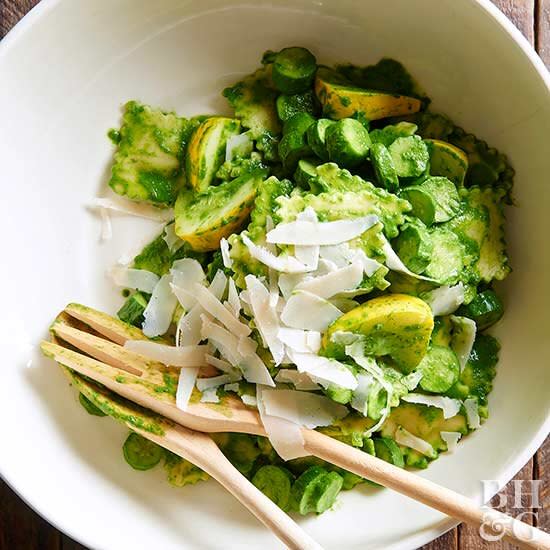 Purchased ravioli or tortellini makes a quick base for a pasta dinner. This recipe gets a boost from summer squash, spinach, and basil. Dinner is ready in 20 minutes.