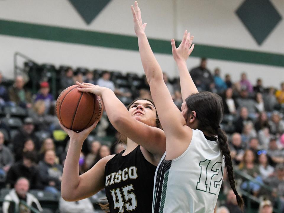 Cisco's Brooklyn Hurtado (45) takes a shot against Santo in a Class 2A area-round playoff Feb. 21, 2021, at the Breckenridge ISD Athletic and Fine Arts Center in Breckenridge.