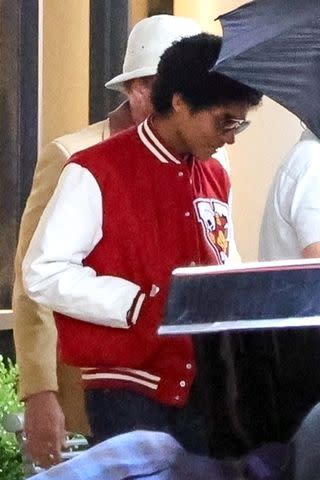 <p>BACKGRID</p> Jaafar Jackson wears uncle Michael Jackson's varsity jacket while filming "Michael" in L.A.