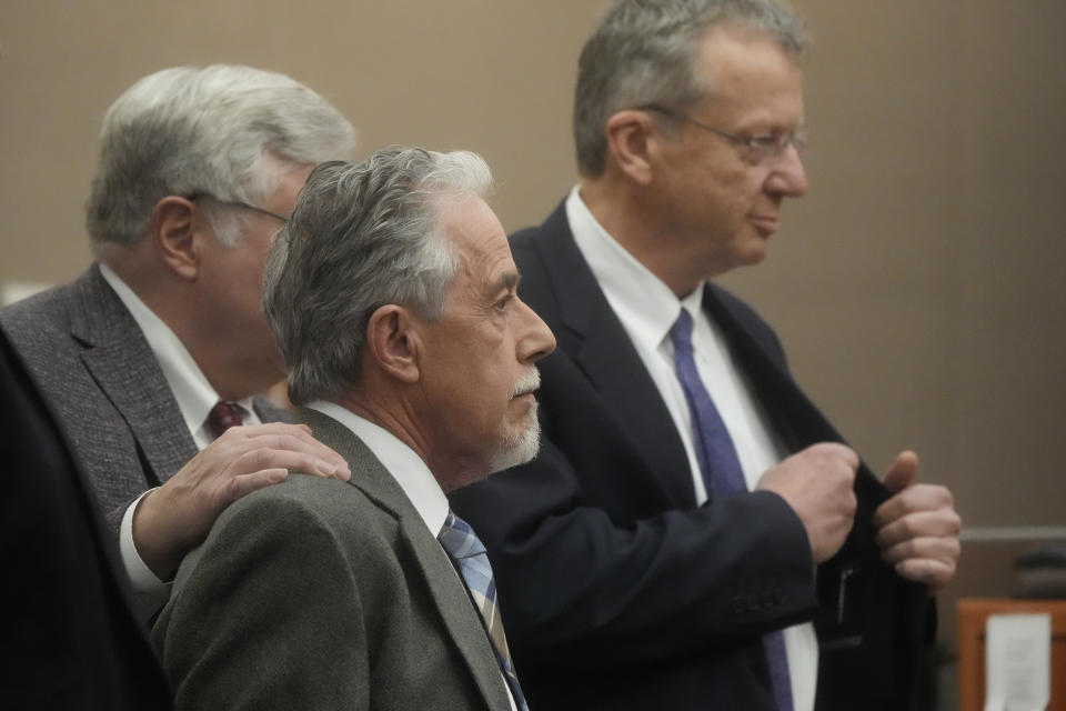 Terry Sanderson, center, the Utah man suing Gwyneth Paltrow, appears in court during her testimony, Friday, March 24, 2023, in Park City, Utah. He accuses her of crashing into him on a beginner run at Deer Valley Resort, leaving him with brain damage and four broken ribs. (AP Photo/Rick Bowmer, Pool)