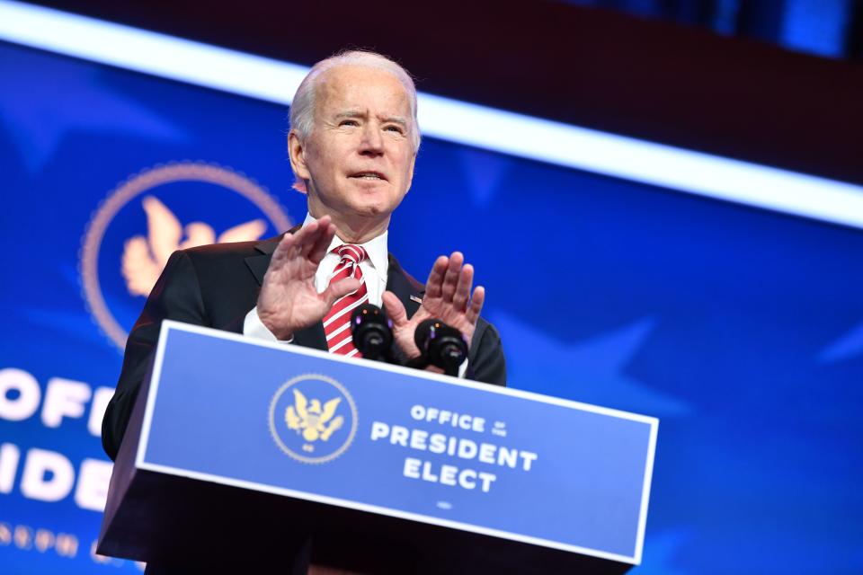 US President-Elect Joe Biden speaks while introducing his nomination for Education Secretary,Dr. Miguel Cardona, at The Queen in Wilmington, Delaware, on December 23, 2020. (Photo by Nicholas Kamm / AFP) (Photo by NICHOLAS KAMM/AFP via Getty Images)