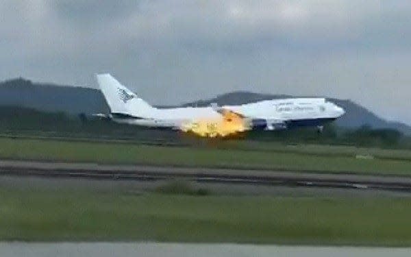 Flames were spotted at the back of the 747-400 aircraft as it lifted off the runway