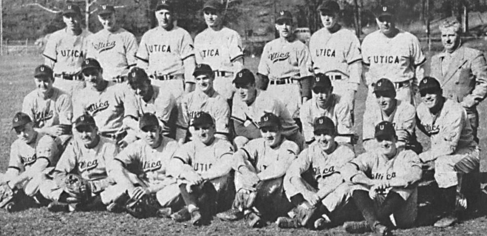 Here are the 1947 Utica Blue Sox who won the Eastern League pennant with a 90-48 record. They played their home games at McConnell Field off Genesee Street in North Utica. Sitting, left to right, Richie Ashburn (who played in the major leagues for 15 years and had 2,574 hits and a .308 batting average. He was one of the Philadelphia Phillies “Whiz Kids” who won the National League pennant in 1950. He is in the Hall of Fame in Cooperstown); Dale Jones, Bill Linderman, Orient Martella, Bill Jankowski, Rocky Tedesco and Bob Chakales. Middle row, left to right, Frank Whalen, Bill Glynn, Stan Lopata (another “Whiz Kid” who in a 13- year major league career had 681 hits and a .254 average); Putsy Caballero (a “Whiz Kid”); Bill Pless, Bill Revels, Attillo Panaranto and Ettore (Yogi) Giammarco. Standing, left to right, Vance Dinges, Jim Ackeret, Lou Heyman, Bill McGurk Granny Hamner (another “Whiz Kid” who in a 17-year major league career had 1,529 hits and a .262 average); Hilly Flitcraft, Eddie Sawyer (who managed the Utica Blue Sox and the 1950 Philadelphia “Whiz Kids.” In eight years as head of the Phillies, he had a 390-423 win-loss record); and Trainer Fred Thiel.