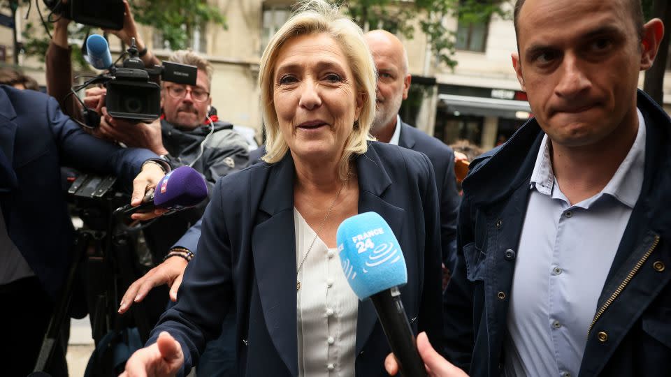 French far-right leader Marine Le Pen arrives at the National Rally party headquarters on Monday, June 10, 2024 in Paris. - Thomas Padilla/AP