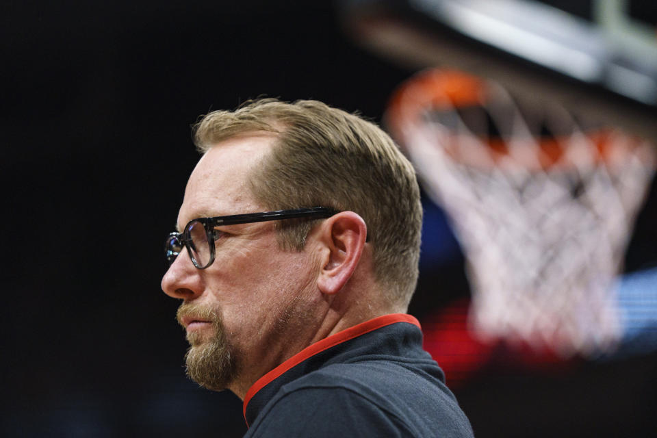 Toronto Raptors head coach Nick Nurse is seen during the third quarter of an NBA preseason basketball game against the Chicago Bulls in Toronto, on Sunday, Oct. 9, 2022. (Alex Lupul/The Canadian Press via AP)