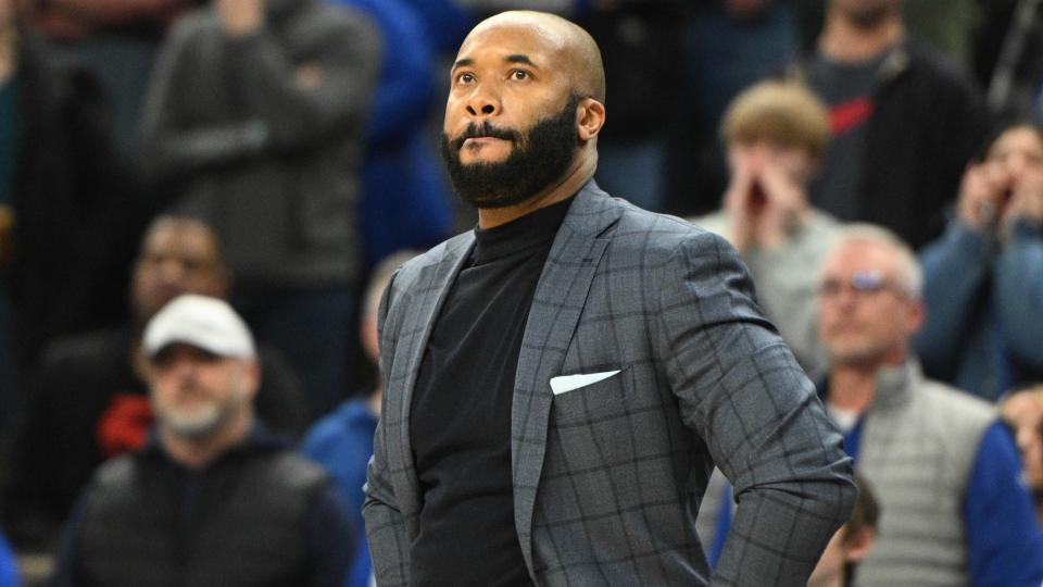 Dec 20, 2023; Omaha, Nebraska, USA; Villanova Wildcats head coach Kyle Neptune watches action against the Creighton Bluejays in overtime half at CHI Health Center Omaha