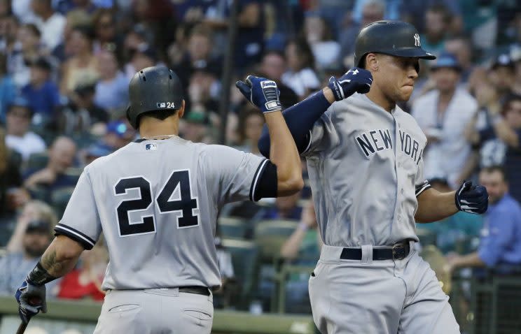 Young Yankees sluggers Gary Sanchez and Aaron Judge. (AP)