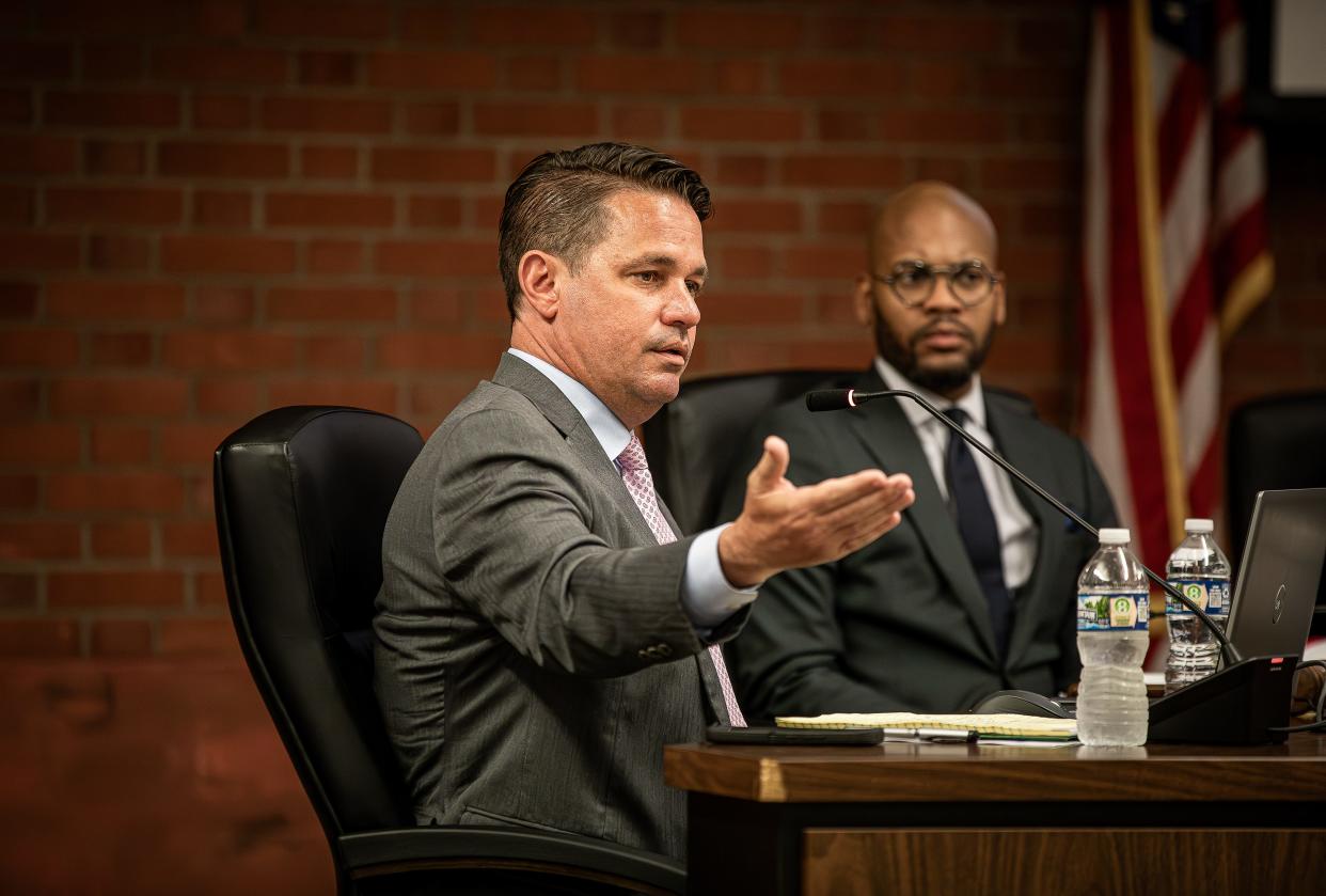 JCPS superintendent Marty Pollio addressed the board regarding the ongoing transportation challenges during a JCPS board meeting on Tuesday, May 7, 2024.