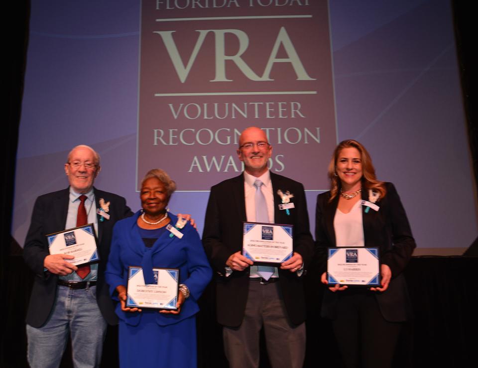 The winner of the Florida Today Volunteer Recognition Award for Citizen of the Year is Bob Barnes, standing with Volunteer of the Year Dorothy Ms. Dot Linson, Tom Kammerdener with Aging Matters,  Organization of the Year and Erica Lemp with L3Harris, the Business of the Year. 