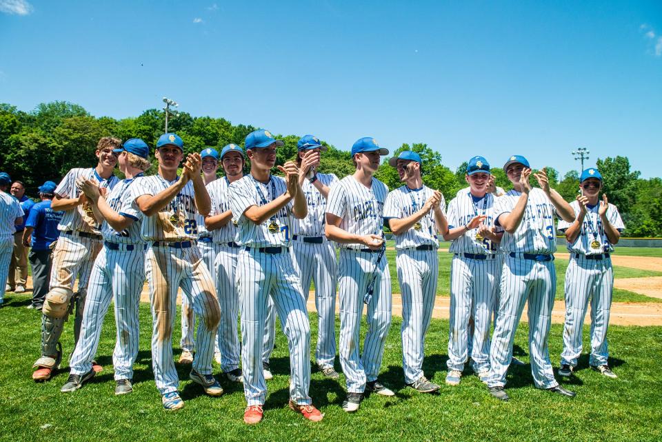 Chapel Field celebrates its win during the Section 9 Class D baseball championship game at Cantine Field in Saugerties on Sunday, May 29, 2022. Chapel Field defeated Eldred for the title.