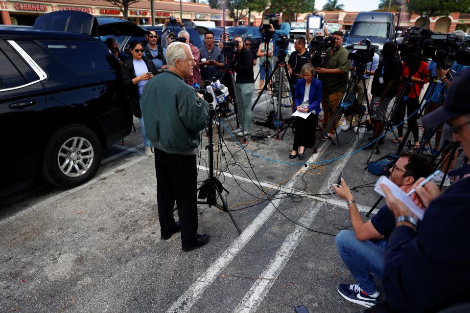 Peter Navarro, who was then a trade adviser to President Donald Trump, talks to the media before turning himself in at a federal penitentiary to begin his prison sentence for defying a subpoena from a panel investigating the attack on the U.S. January 6, 2021. US Capitol, in Miami, Florida, on March 19, 2024.