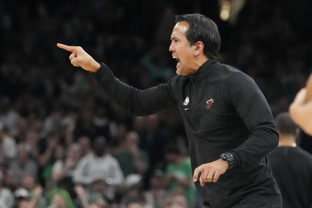 Miami Heat head coach Erik Spoelstra gestures during the second half of Game 2 of the NBA basketball playoffs Eastern Conference finals against the Boston Celtics in Boston, Friday, May 19, 2023. (AP Photo/Charles Krupa)