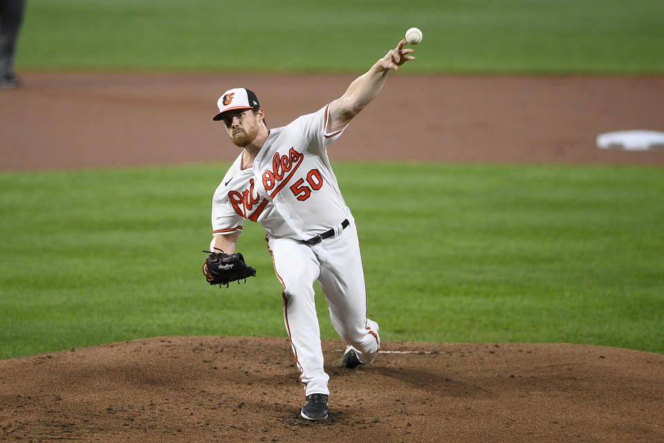 Baltimore Orioles starting pitcher Bruce Zimmerman delivers a pitch during the first inning of a baseball game against the Boston Red Sox, Tuesday, Sept. 28, 2021, in Baltimore. (AP Photo/Nick Wass)