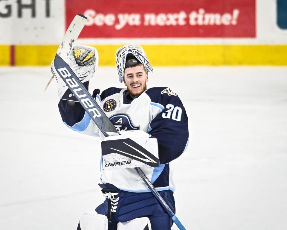 Milwaukee Admirals goaltender Yaroslav Askarov acknowledges the fans after a 5-3 victory against the Texas Stars on Saturday, Jan. 20, 2024, at the UW-Milwaukee Panther Arena in Milwaukee, Wisconsin.