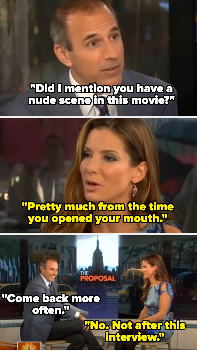 Two people on a talk show engaging in a humorous exchange with captions reflecting the conversation