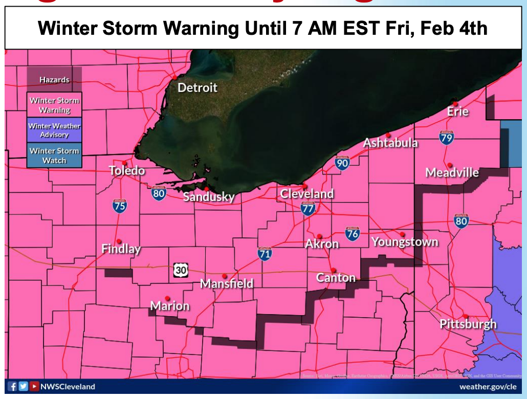 Northeast Ohio, including the Akron-Canton area, is under a winter storm warning until 7 a.m. Friday.