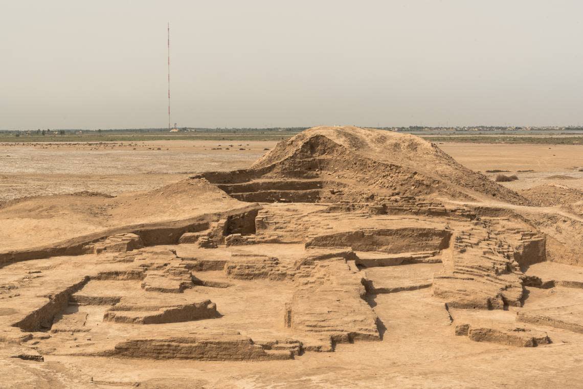 The temple ruins (foreground) and spoil heap (background).