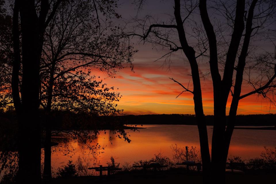 The sunset over Codorus State Park on Wednesday, Nov. 8, 2023, in Manheim Township, Pennsylvania.