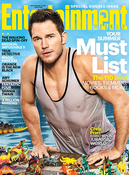 Chris Pratt isn't shy about showing off his blockbuster body. The lovable 35-year-old actor covers the latest issue of <em>Entertainment Weekly</em> in a wet tank top, the clingy fabric leaving little to the imagination when it comes to his sculpted torso. Lifting himself out of a pool lined with toy dinosaurs, Chris is promoting his highly anticipated <em>Jurassic World</em>, out June 12. <strong> PHOTOS: Matt Bomer Shows Off His 'Magic Mike XXL' Bod on the Beach </strong> Entertainment Weekly The former <em> Parks and Recreation</em> star says he's still getting used to his new superstar status, following the massive success of <em>Guardians of the Galaxy</em>. "I had one party I got invited to that was like an episode of <em>The Twilight Zone</em>," he recalls. "It was like every celebrity I've ever seen in my entire life. I thought it was going to be like <em>Eyes Wide Shut</em> and all of a sudden masks were gonna come out." Though obviously, Chris is now sitting comfortably on the A-list. And his celeb friends have no problem singing his praises. "You can't fake what he has," <em>Captain America</em> star Chris Evans tells the magazine of his close pal. "He's a very genuine, very sincere, very humble person. And I think most people are clever enough to see through people who are putting that on. That's just who he is. That's what's so damn likable about him." "Basically at this point I'm like, 'Chris Pratt for president,'" adds his <em>Jurassic World</em> co-star Bryce Dallas Howard. <strong>WATCH: Chris Pratt's Stripping Secret -- 'I Was Always Getting Naked'</strong> In February, both Pratt and Evans made everyone love them even more when they both visited Christopher's Haven -- an organization that provides a place for families of children being treated for cancer in nearby Boston hospitals -- after Pratt lost his big Super Bowl bet! Watch below: