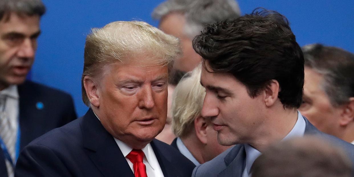 U.S. President Donald Trump, center left, and Canadian Prime Minister Justin Trudeau arrive for a round table meeting during a NATO leaders meeting at The Grove hotel and resort in Watford, Hertfordshire, England, Wednesday, Dec. 4, 2019. As NATO leaders meet and show that the world's biggest security alliance is adapting to modern threats, NATO Secretary-General Jens Stoltenberg is refusing to concede that the future of the 29-member alliance is under a cloud. (AP Photo/Evan Vucci)