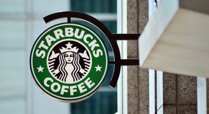 the Starbucks (SBUX) logo on a sign outside of a coffee shop