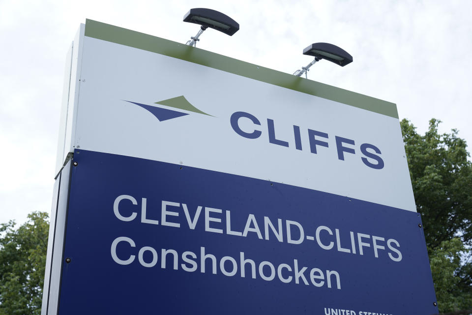 A sign for the Cleveland Cliffs plant in Conshohocken, Pa., is shown on Monday, Aug. 14, 2023. U.S. Steel said that it rejected a $7.3 billion buyout proposal from rival Cleveland Cliffs and was reviewing "strategic alternatives" after receiving several unsolicited offers. (AP Photo/Matt Rourke)