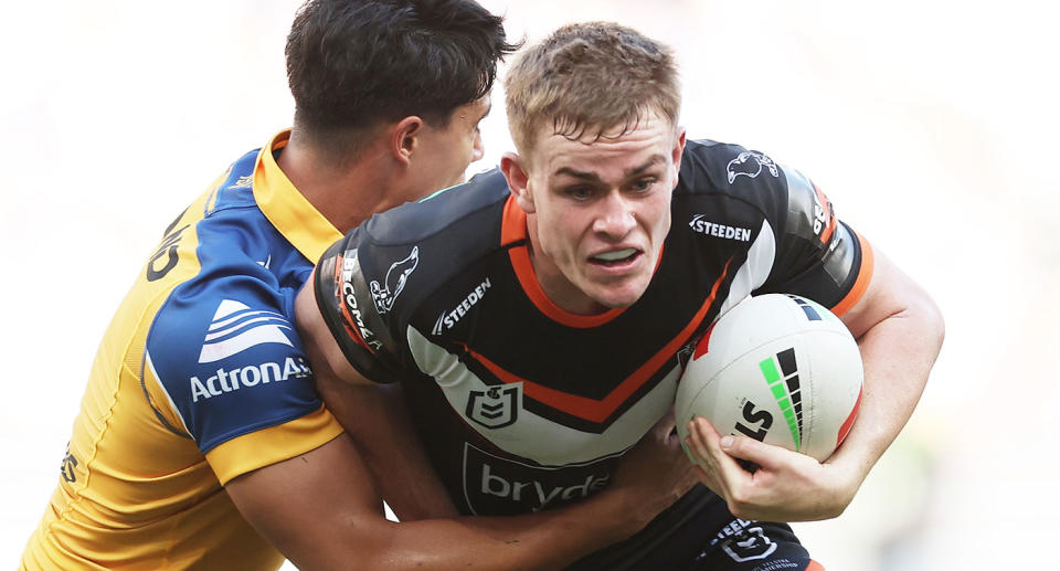 Seen here, Lachlan Galvin playing for the Tigers against the Eels in the NRL.