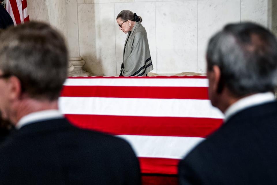 <div class="inline-image__caption"><p>Associate Justice Ruth Bader Ginsburg attended a private ceremony in the Great Hall of the Supreme Court where the late Supreme Court Justice John Paul Stevens lay in repose on July 22, 2019 in Washington, DC. Justice Stevens died at the age of 99 and was buried at Arlington National Cemetery. </p></div> <div class="inline-image__credit">Andrew Harnik/Getty</div>