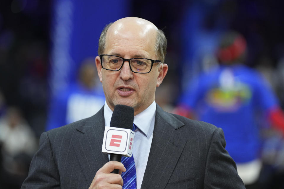 PHILADELPHIA, PA - FEBRUARY 25: ESPN analyst Jeff Van Gundy looks on prior to the game between the Boston Celtics and Philadelphia 76ers at the Wells Fargo Center on February 25, 2023 in Philadelphia, Pennsylvania. The Celtics defeated the 76ers 110-107. NOTE TO USER: User expressly acknowledges and agrees that, by downloading and or using this photograph, User is consenting to the terms and conditions of the Getty Images License Agreement. (Photo by Mitchell Leff/Getty Images)