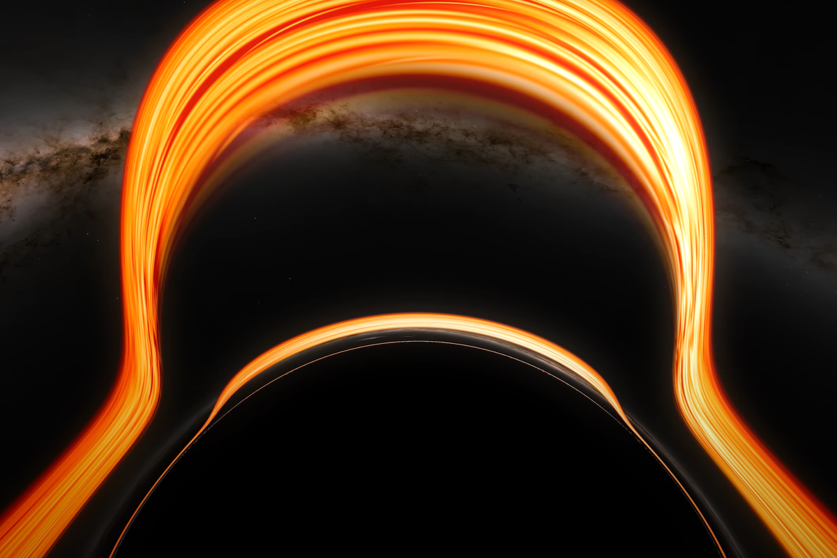 Fotograma de un video creado por la supercomputadora Discovery de la NASA para simular una caída en un agujero negro (Nasa)