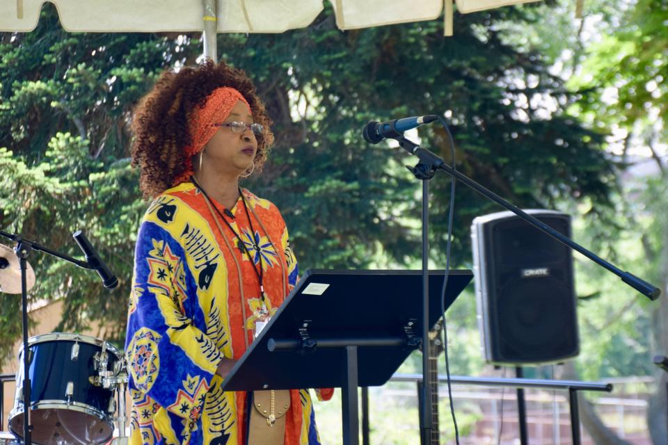 Organizer Sheila Ahmadi welcomes attendees to Staunton's third annual Juneteenth celebration on June 22, 2019.