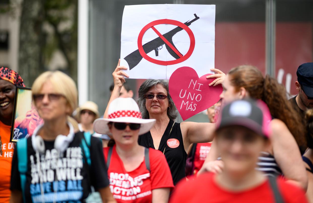 <p>Protestors take part in a rally of Moms against gun violence and calling for Federal Background Checks on 18 August 2019 in New York City</p> (AFP via Getty Images)