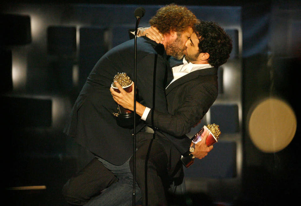 Will Ferrell and Sacha Baron Cohen accept the award for Best Kiss for "Talladega Nights: The Ballad of Ricky Bobby" at the 2007 MTV Movie Awards.